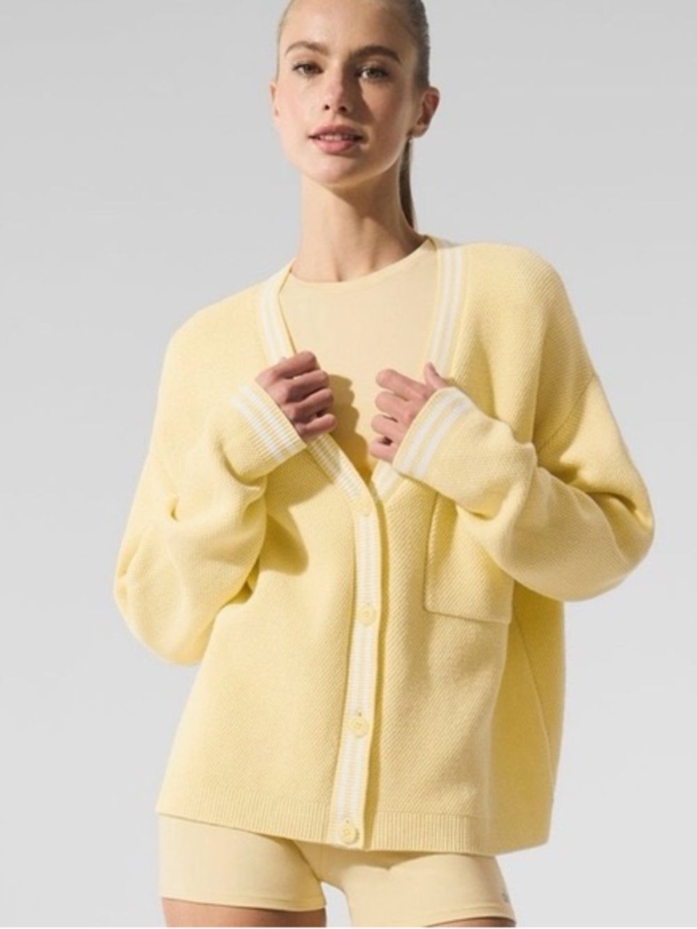 ALO Yoga Tennis Club Sweater Knit Cardigan in Warm Butter Yellow Size XS